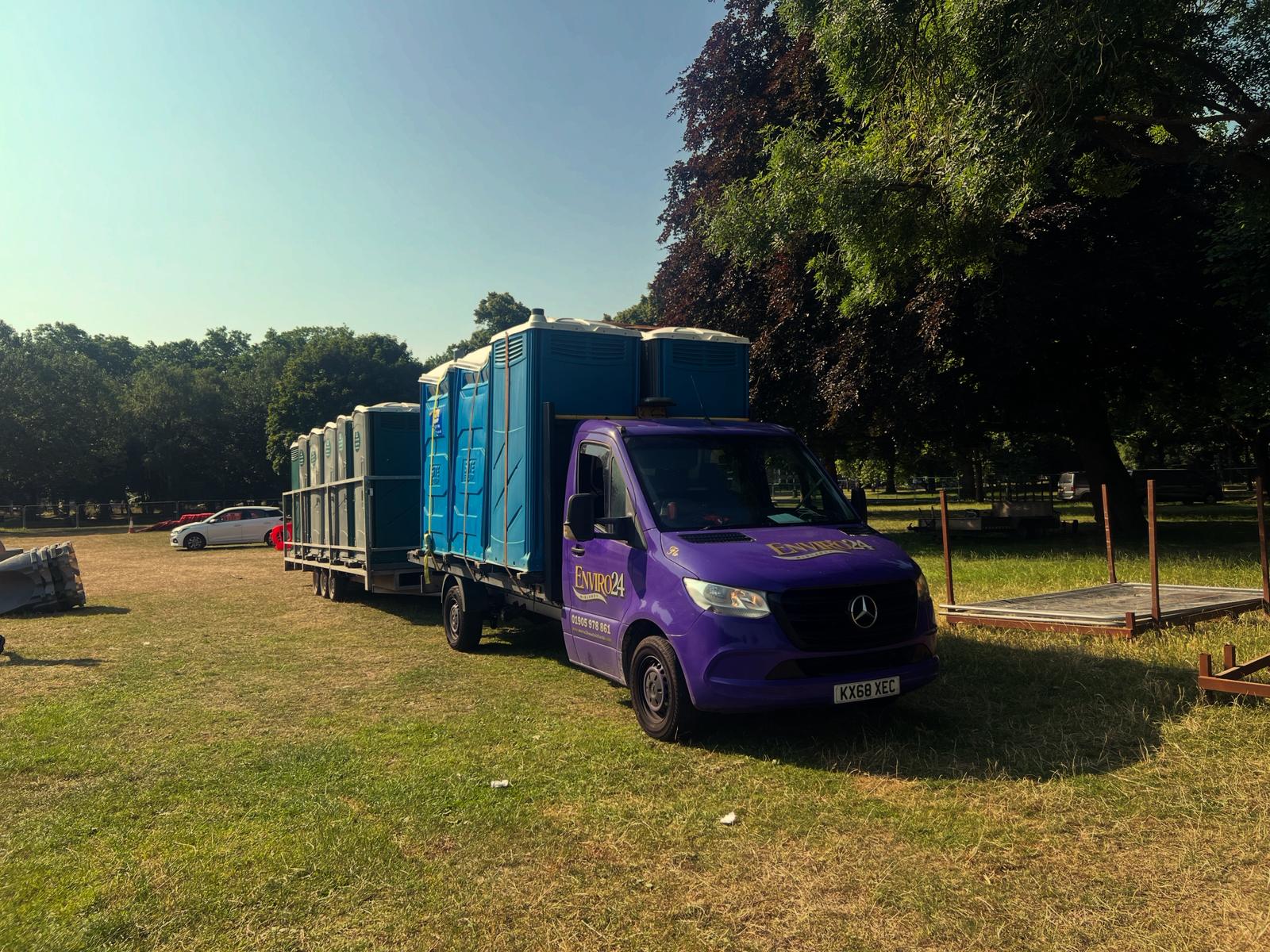 Enviro24 branded portable toilet units ready for delivery to a Birmingham outdoor event